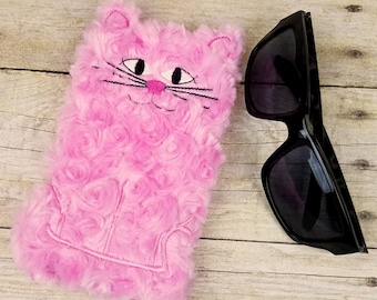 Gift for Cat Lover, Cute Sunglasses Case ~ Furry Pink Kitty Pouch ~ Purse Accessory for Wife, Teen, Sister, Mom, Cat Lady Gift