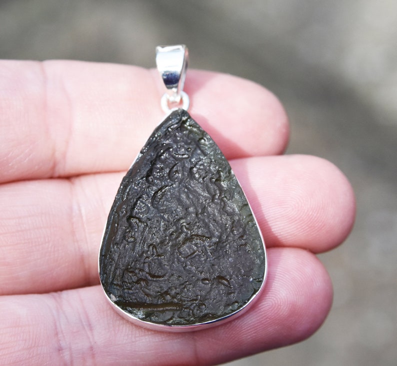 Large Moldavite Meteorite Teardrop Set in 925 Silver Pendant Gift ideas. Moldavite Jewelry Pendant necklace