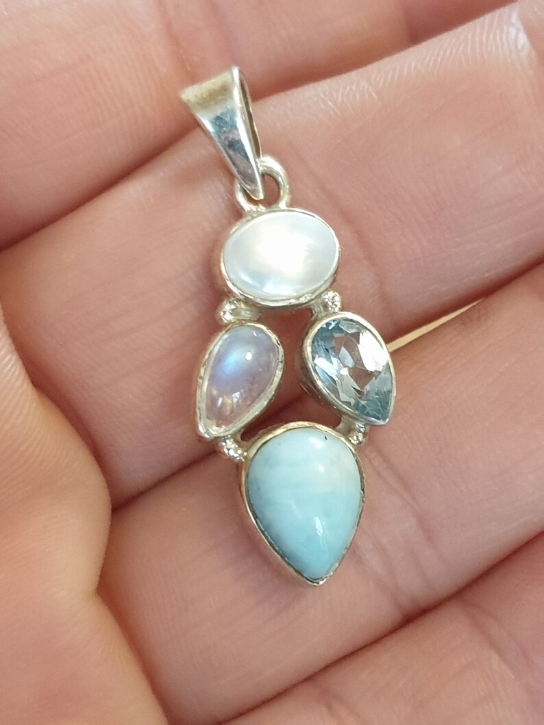 Blue Topaz Rainbow Moonstone and Pearl Gemstone Pendant,Sterling Silver /& Gemstone Pendant Natural Larimar
