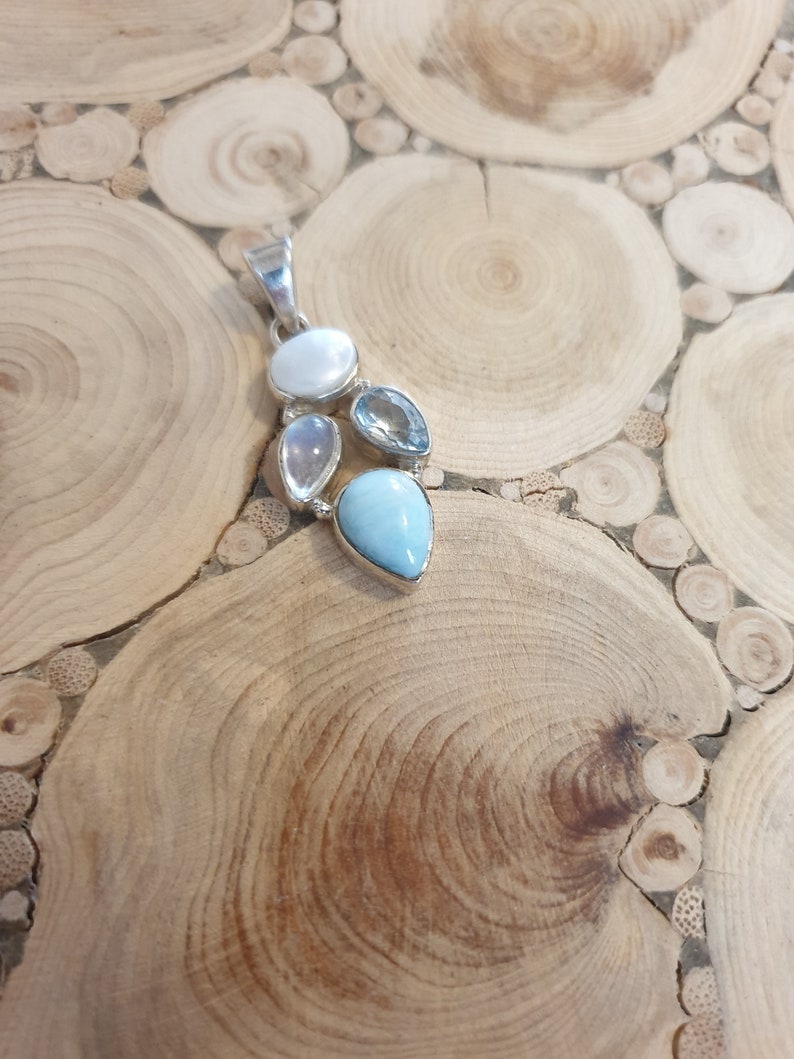 Blue Topaz Rainbow Moonstone and Pearl Gemstone Pendant,Sterling Silver /& Gemstone Pendant Natural Larimar