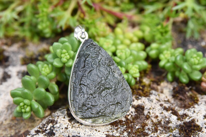 Large Moldavite Meteorite Teardrop Set in 925 Silver Pendant Gift ideas. Moldavite Jewelry Pendant necklace