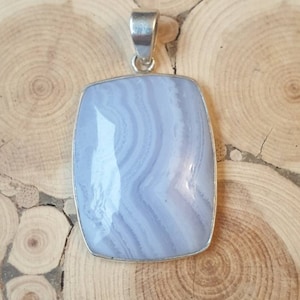 Natural Blue Lace Agate Oval Pendant. 925 Silver Set Oval Blue Lace Agate Semi Precious Gemstone Pendant. 44x25mm