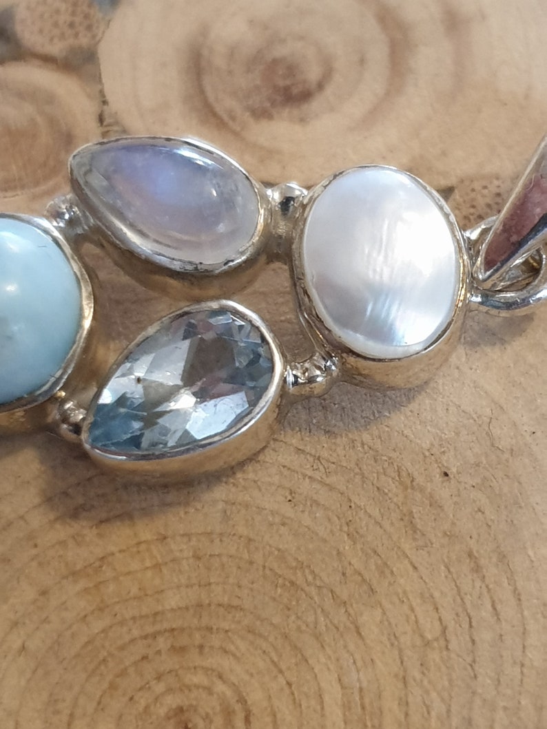 Blue Topaz Rainbow Moonstone and Pearl Gemstone Pendant,Sterling Silver /& Gemstone Pendant Natural Larimar