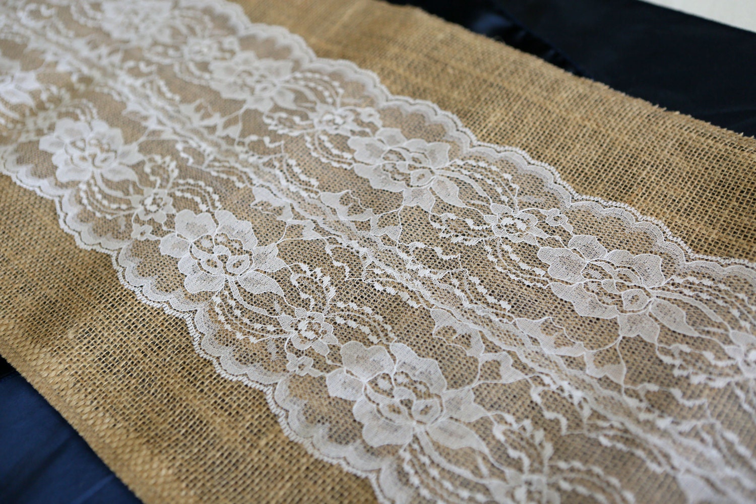 Burlap & Lace Table Runner with a Variety of Lace Color Options. Grea…