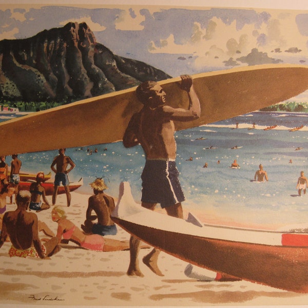 Vintage FRED LUDEKENS 2 Prints For United Airlines HAWAII Surfers Beach