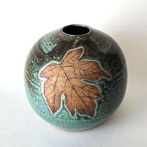 M. FRANKLIN Studio ART Pottery VASE Leaf Aqua Signed