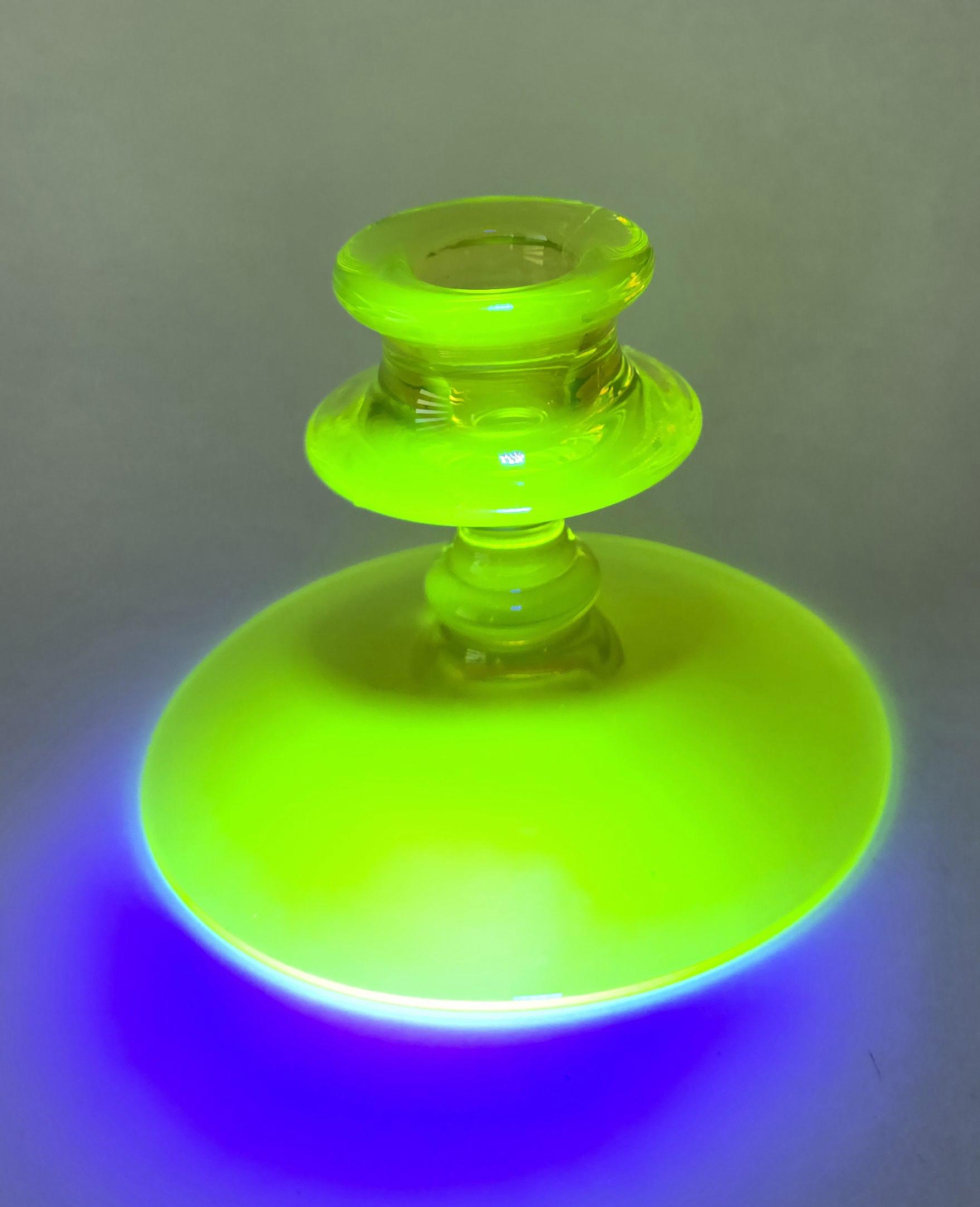 Vintage URANIUM Glass Candle Holder GREEN 3 1/2" by 4 1/2"