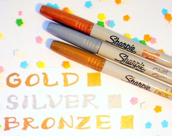 3 Metallic SHARPIE Markers Gold Silver Bronze fine point Permanent magic marker shiny Metallic ink for metal plastic glass crafts 18238153