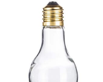 Large 7 1/2" tall LIGHT BULB shape Clear Glass Bottle Jar + Bronze color Metal Screw on Top Cap 13.3 oz = 1.6 cup capacity Big bright idea