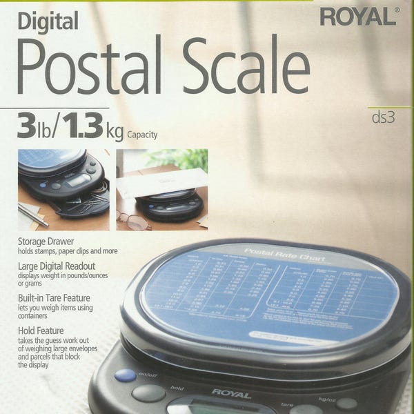 Exacta Digital LCD POSTAL SCALE 3 pound capacity in increments of 1 gram .01 kg .10 ounce battery operated postage shipping Royal DS3 17012Y