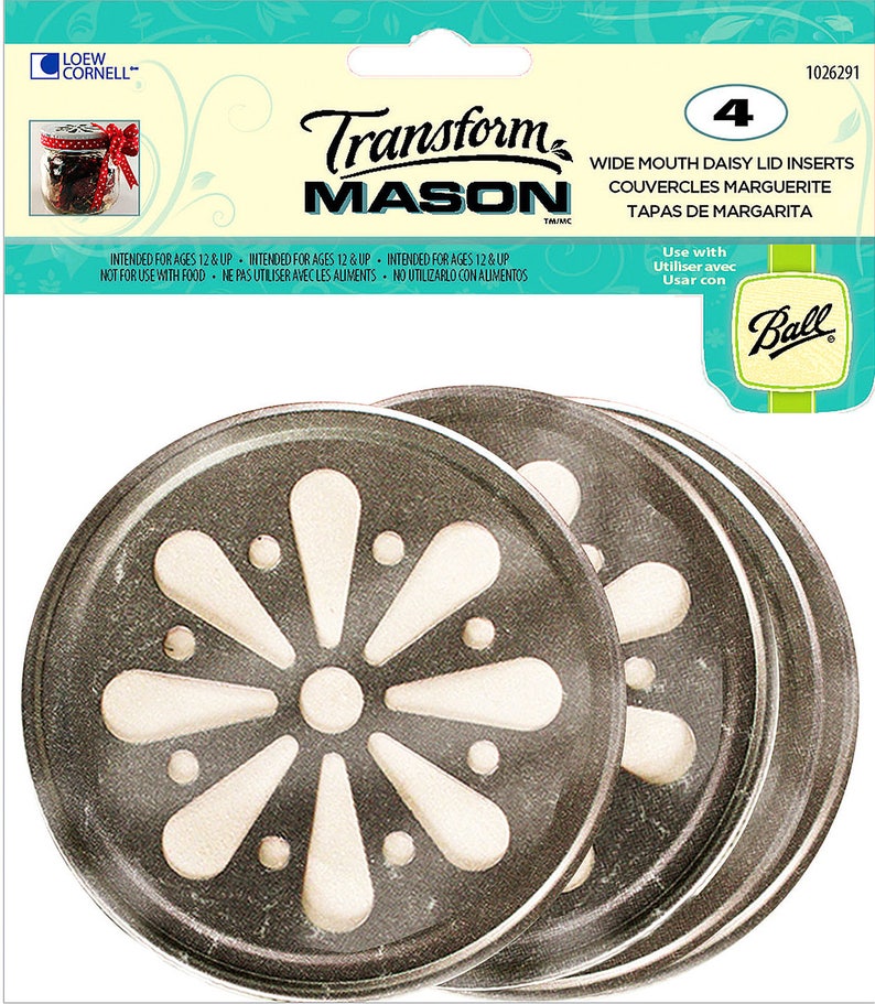 4 DAISY LID Inserts Transform Mason Canning Jar Wide Mouth Potpourri 4 Metal Lids Straw Top Ball