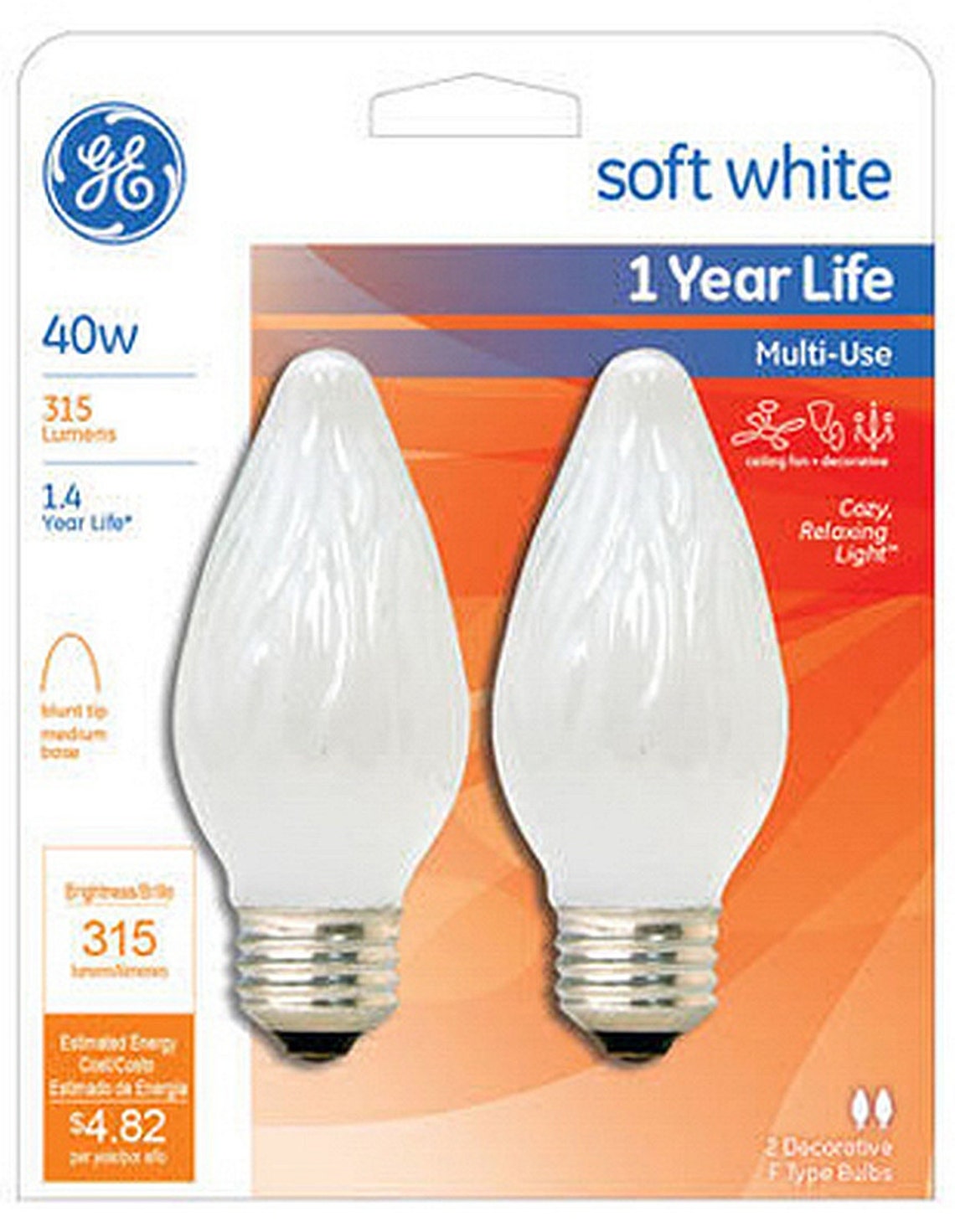 2 GE Soft WHITE Decorative Light BULB 40w E26 Flame Tip for Wall Sconce