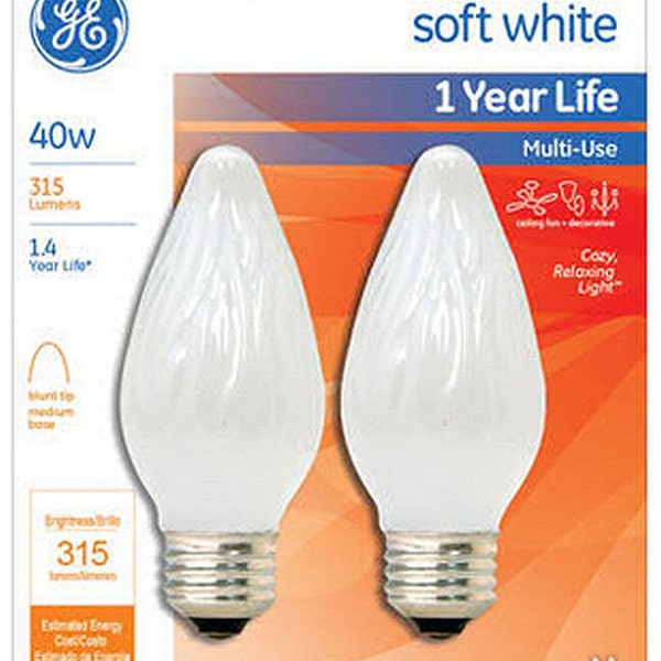 2 GE Soft WHITE Decorative Light BULB 40w E26 Flame Tip for wall sconce ceiling fan multi use 40 watt 75342 40FM/W/CF2-TP4