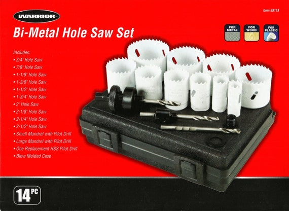 Bi Metal Hole Saw SET Kit Wood Plastic Aluminum 14 Pc 3/4 7/8 1 1/8 1 3/8 1  1/2 1 3/4 2 2 1/8 2 1/4 2 1/2 Round Saws WARRIOR 68113 
