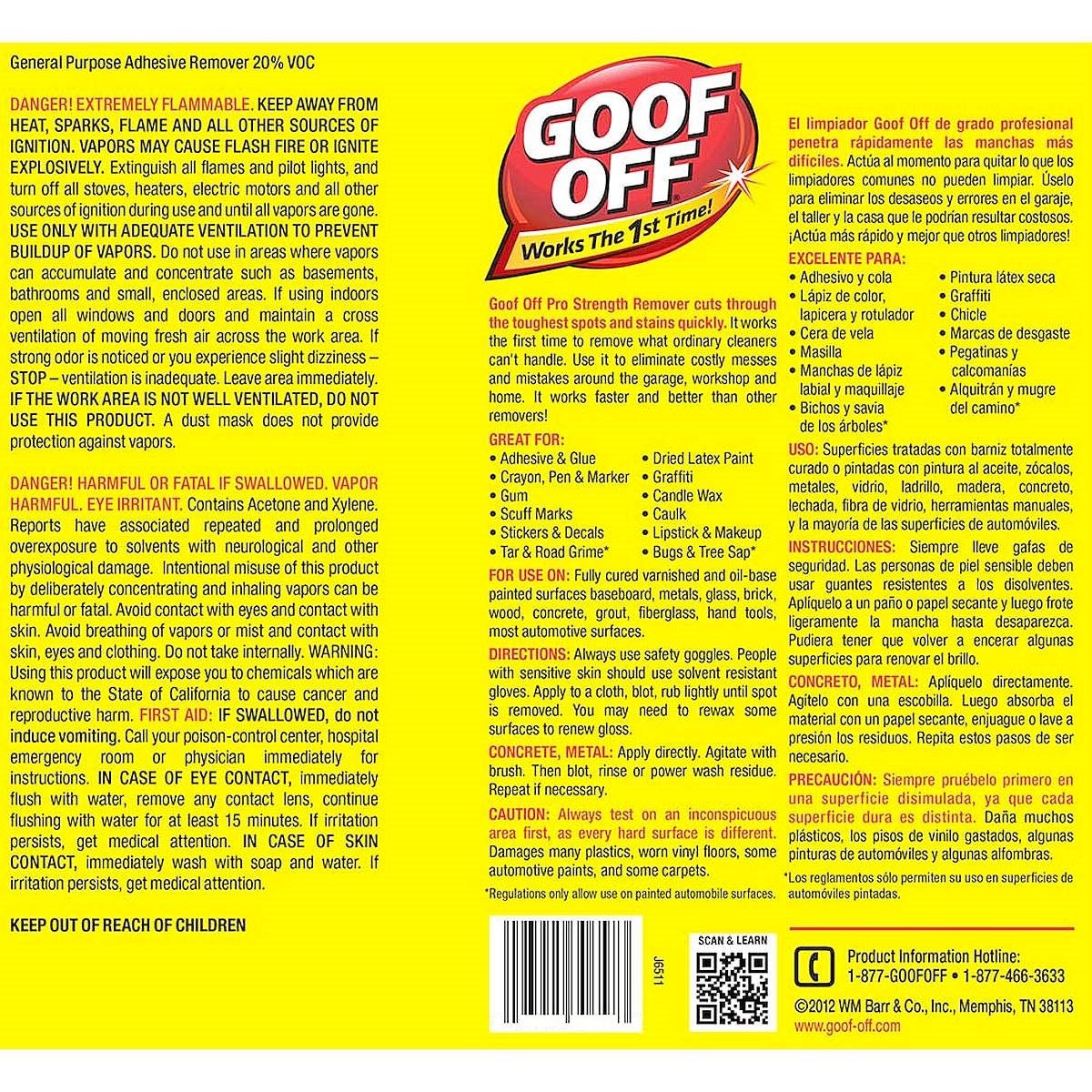 1 Can of Pro Strength GOOF OFF 16 Oz Can Remove Adhesive Sticker Goo  Adhesive Tape Solvent Crayon Wax Gum Dried Paint Tar WM Barr FG654 