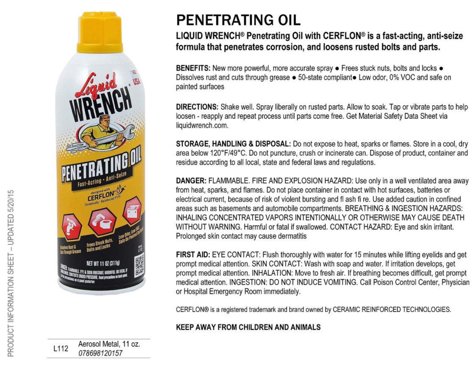 Liquid Wrench OIL Anti Seize 11 Oz Aerosol Spray With Cerflon Ptfe Loosen Nut Bolt
