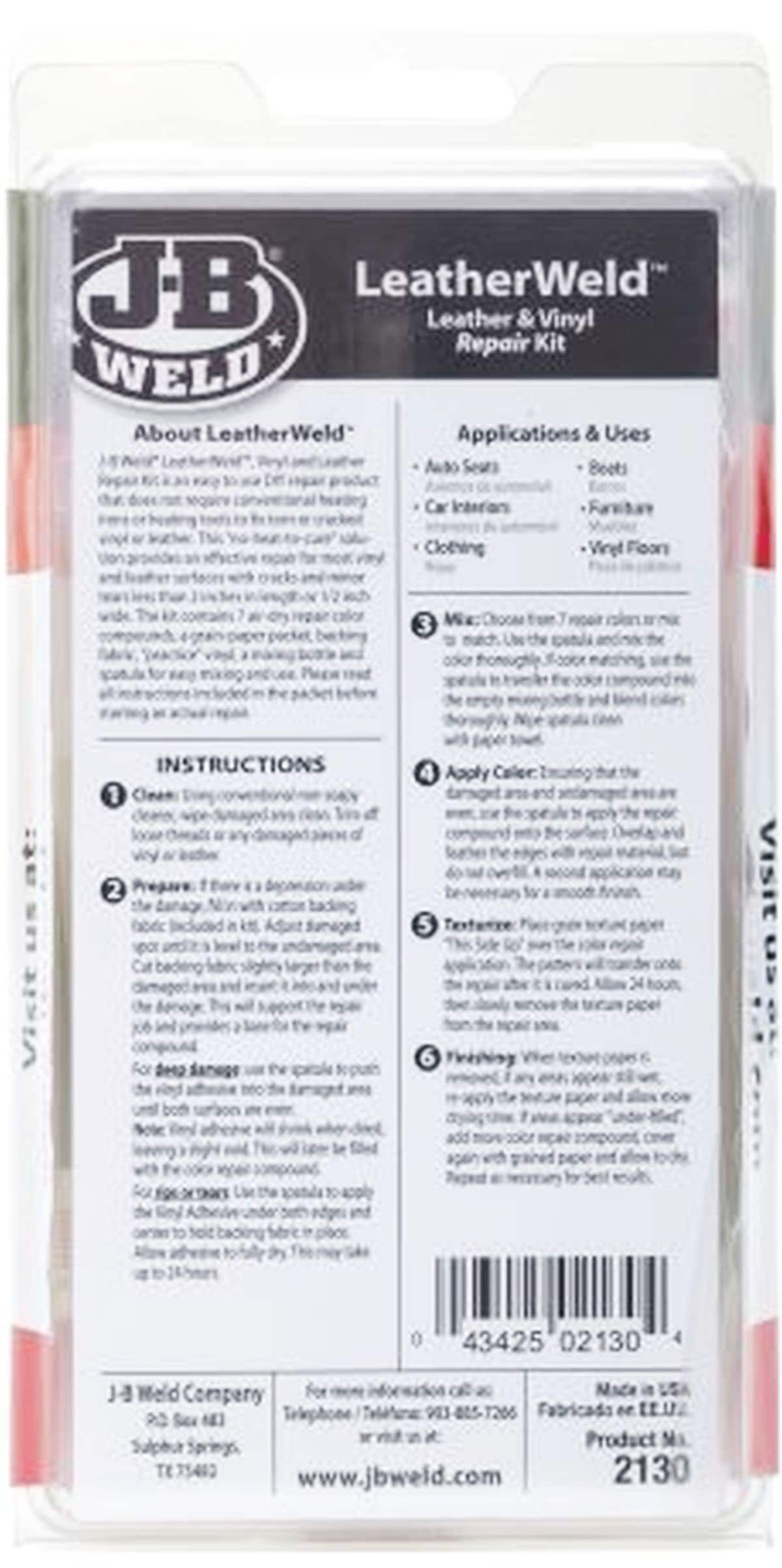JB Weld Leatherweld Leather & Vinyl Repair KIT Repairs Leather Vinyl