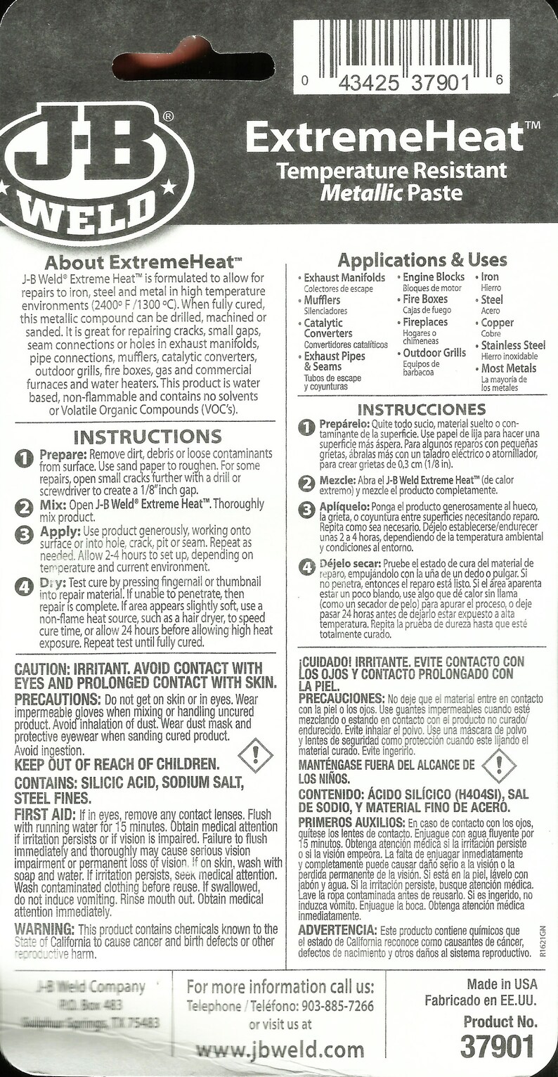 JB Weld Extremeheat Metallic Repair Paste Extreme High Heat Resistant for Steel Iron Stainless