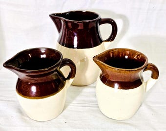 Rustic Farmhouse Style Antique Two-Tone Brown and Beige Stoneware Pitchers Creamers