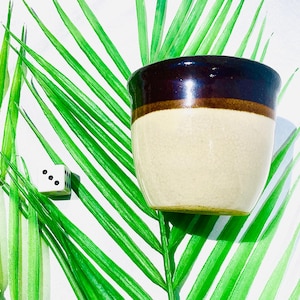 May include: A ceramic mug with a brown rim, a tan middle section, and a brown base. A white die with three visible dots is next to the mug. The mug and die are on a background of green palm leaves.