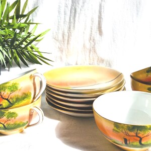 Antique 1918 Noritake Hand Painted Sunset Five Cups and Six Saucers