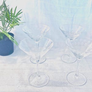 Charming and Unusual Set of Four Martini Cocktail Champagne Coups with Etched Polka Dots