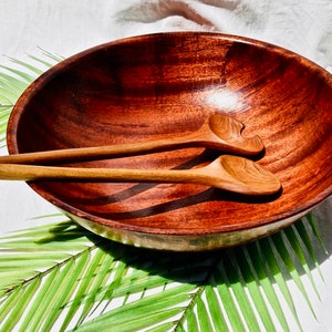 Vintage Mid Century Monkey Pod Wood Tray or Salad Bowl and Utensils