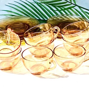Set of Depressionware Amber Glass Cups and Saucers Set of Seven