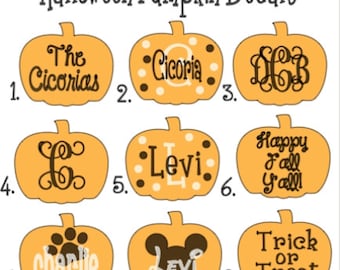 May include: Nine orange pumpkin-shaped decals with various designs. The decals feature names, monograms, and phrases like "The Cicorias", "Cicoria", "DGB", "Levi", "Happy Fall Y'all", "charlie", "Levi", and "Trick or Treat".