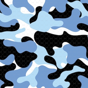 May include: A seamless pattern featuring a camouflage design in shades of light blue, medium blue, black, and white. The pattern consists of irregular, organic shapes, creating a modern and abstract aesthetic. The background has a subtle, textured appearance.