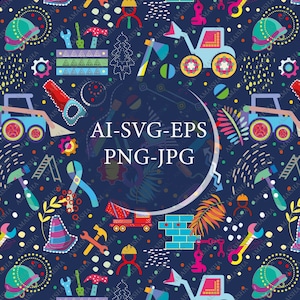 Puede incluir: Un patrón repetitivo con herramientas y equipos de construcción en un estilo de dibujos animados colorido. El diseño incluye martillos, llaves, sierras y vehículos sobre un fondo azul oscuro. El texto central dice "AI-SVG-EPS PNG-JPG".