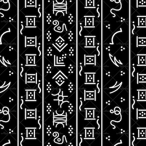 Könnte beinhalten: Schwarz-weißes geometrisches Muster mit vertikalen Streifen. Das Design zeigt sich wiederholende abstrakte Formen, darunter Quadrate, Punkte und geschwungene Linien. Dieses minimalistische Muster eignet sich für verschiedene Anwendungen.