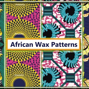 May include: A collection of colorful African wax print patterns. The image displays various designs with geometric and floral motifs in shades of yellow, blue, pink, and green. The text "African Wax Patterns" is displayed in a white box.