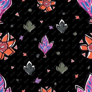 May include: A seamless pattern on a black background featuring stylized floral and leaf motifs in shades of orange, pink, blue, and green. The design includes flowers, leaves, triangles, and dots, creating a vibrant and artistic composition.