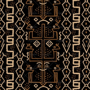 Op de afbeelding: Een herhalend patroon met een zwarte achtergrond en bruin-beige geometrische vormen. Het ontwerp bevat verticale lijnen, ruitvormen en abstracte figuren. De algehele esthetiek doet denken aan tribale kunst of textielontwerp.