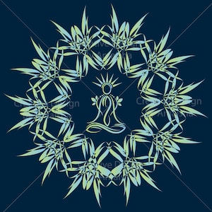 May include: A navy blue digital art print featuring a meditating figure with a sun-like halo, surrounded by a geometric floral design in shades of green and blue. The words "Creative Design By Ansha" are printed around the image.