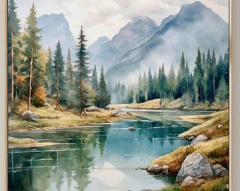 Mountain river landscape watercolor painting pine tree wall art neutral landscape green yellow art print