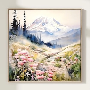 Impression d'art du mont Rainier - Paysage naturel de Washington, aquarelle, impression de montagne occidentale, art mural floral, cadeau
