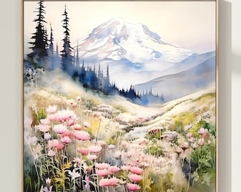 Stampa artistica del Monte Rainier, paesaggio di Washington ad acquerello, decorazione murale con tema montano e natura, decorazione floreale