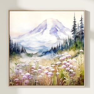 Impression d'art du mont Rainier - Paysage naturel de Washington, aquarelle, impression de montagne occidentale, art mural floral, cadeau