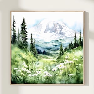 Mount Rainier Fine Art Print - Washington Nature Landscape Watercolor Art, Western Mountain Print, Floral Wall Art, Gift