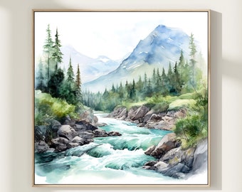 オリジナル水彩画「山と川」：松の木の風景画（6x8インチ） - Etsy 日本