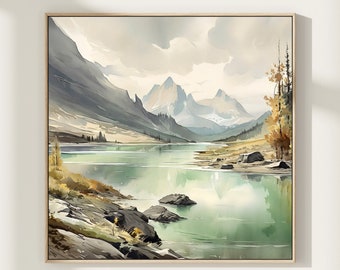 May include: A watercolor painting of a mountain lake scene. The lake is surrounded by mountains and trees. The water is a light blue-green color and reflects the sky and mountains. The mountains are a dark gray color and are covered in snow. The trees are a light green color and are mostly bare.