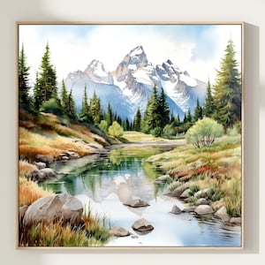 Kunstdruck mit Aquarellmalerei einer Berglandschaft, Grand-Teton-Nationalpark in den USA, Geschenk zur Inneneinrichtung. GT