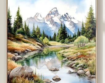 Impressão artística em aquarela de paisagem montanhosa, Parque Nacional Grand Teton, EUA, presente para decoração de casa. G.T.
