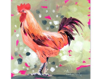 Colorful Abstract Rooster Decor Nursey Kitchen Painting Fine Art Print Rooster Neon Feathers Painting Rainbow Chicken Image Picture