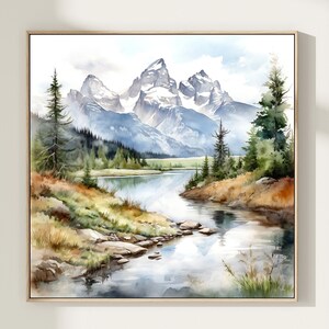 Kunstdruck mit Aquarellmalerei einer Berglandschaft, Wandkunst mit Gebirgsfluss, Grand-Teton-Nationalpark in den USA, Geschenk zur Inneneinrichtung. GT