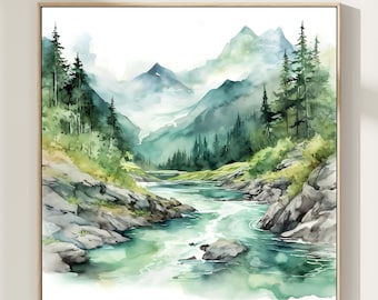 Alaska-Aquarell-Kunstdruck, Reiseposter, Bergfluss-Wandbild, Geschenkidee für Zuhause, Geschenk für Sie, Geschenk für Ihn