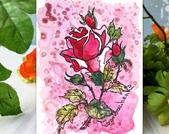 Roses for Love Watercolor Miniature Artwork Artist Trading Card Mini Watercolor Painting Roses Matted Greeting Card by Audrey Ascenzo