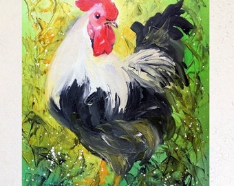Rooster Art Original Oil Painting by Tetiana